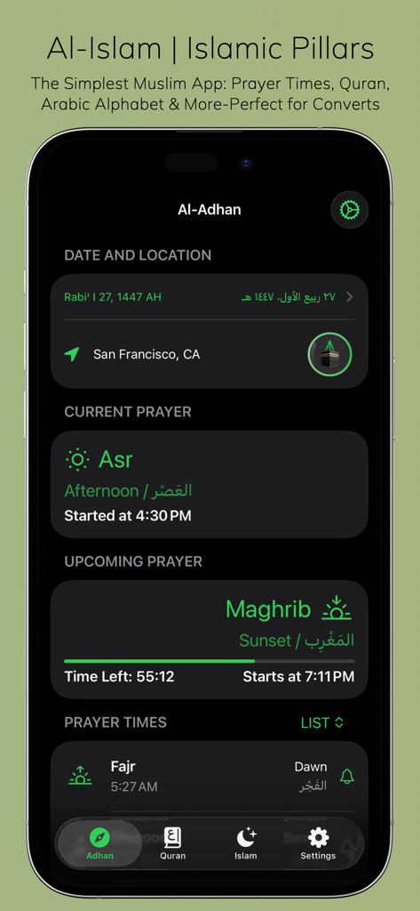 Dashboard der Al-Islam-App, das Gebetszeiten und Standort in einem sauberen dunklen Thema anzeigt