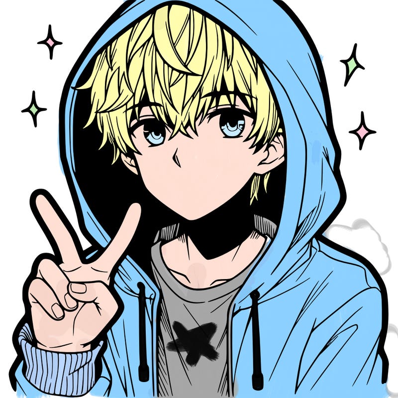 teenage manga boy in a hoodie, doing ✌