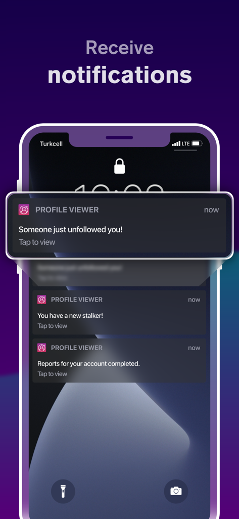 Pantalla de bloqueo de un smartphone mostrando notificaciones push de la aplicación Profile Reports Tracker sobre unfollowers y visualizaciones de perfil