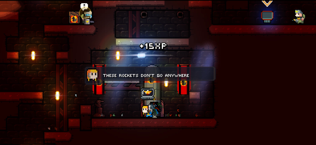 Pixel art stealth action gameplay in Gunslugs Rogue Tactics showing a character in a base with a dialogue box.