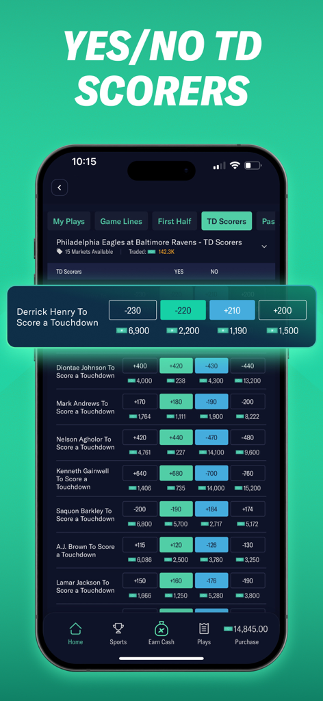 Mobile app interface of ProphetX showing touchdown scorer odds for an NFL game between the Eagles and Ravens