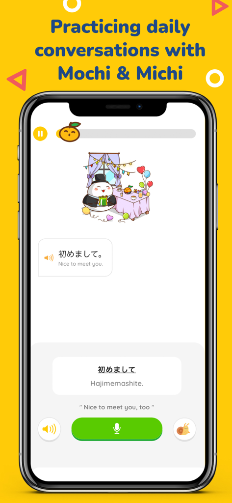 MochiKanji - Learn Japanese - Pantalla de la app MochiKanji que muestra una lección de práctica de conversación en japonés con los lindos personajes Mochi y Michi