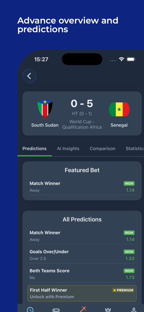 FutPre – AI Football Tips - FutPre app interface showing AI driven soccer predictions and match results for a World Cup qualifier