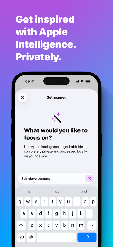 Awesome Habits: Habit Tracker - Awesome Habits app screen showing private AI habit suggestions and the Get Inspired feature powered by Apple Intelligence.