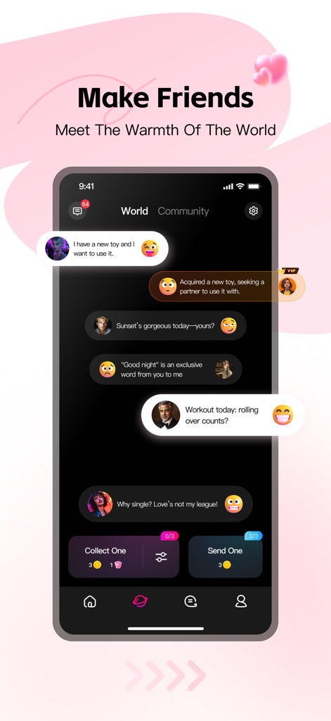 Screenshot of the Love Spouse app showing the World community feed for users to connect and chat