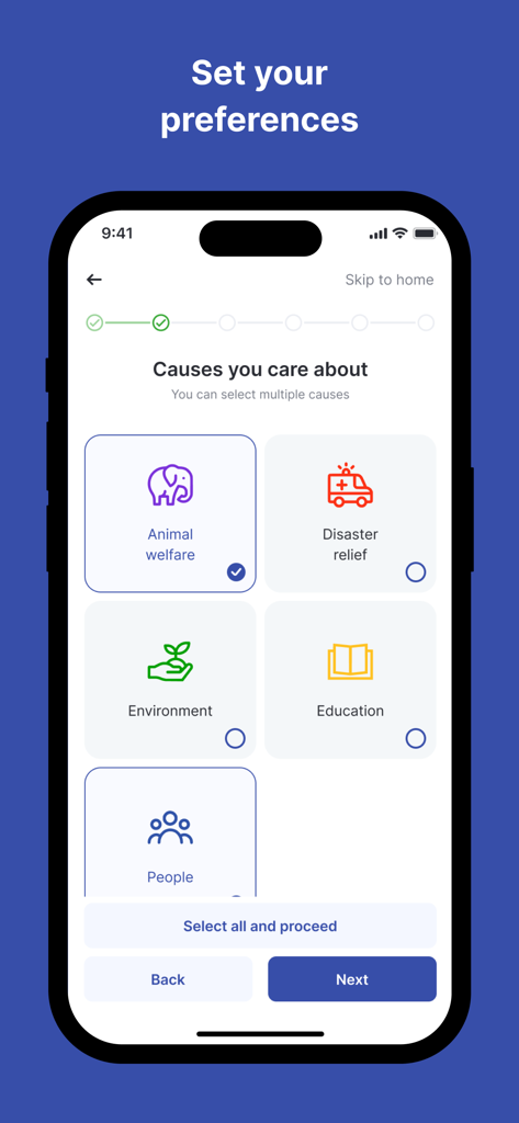 Interfaz de la aplicación gudppl que muestra una lista de causas de voluntariado para seleccionar como bienestar animal, ayuda en desastres y medio ambiente