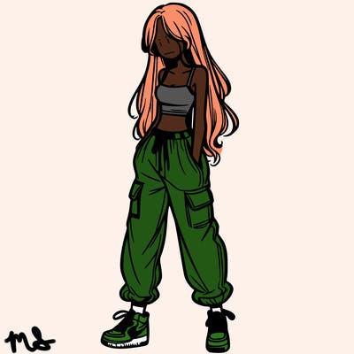 girl in baggy pants crop top and long hair