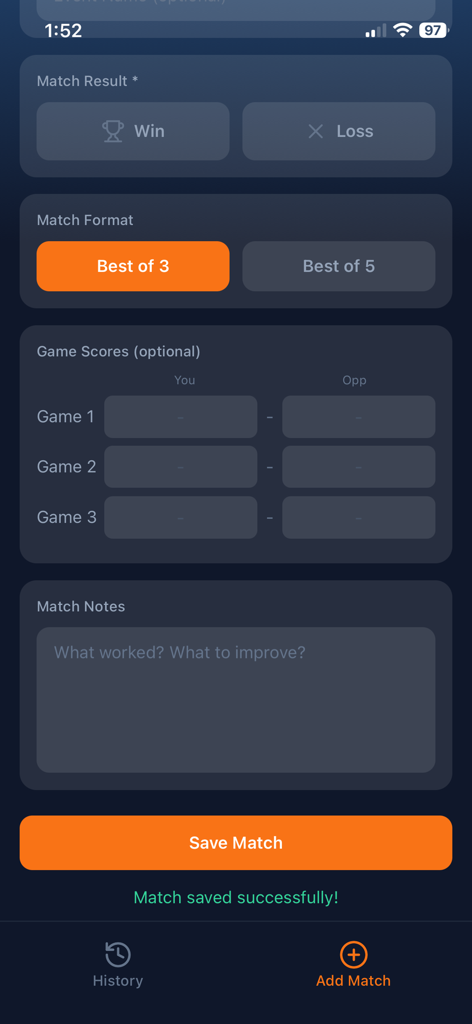 My Ping Notes - 卓球の試合結果と戦略メモを記録するためのマイ・ピン・ノートアプリのインターフェース