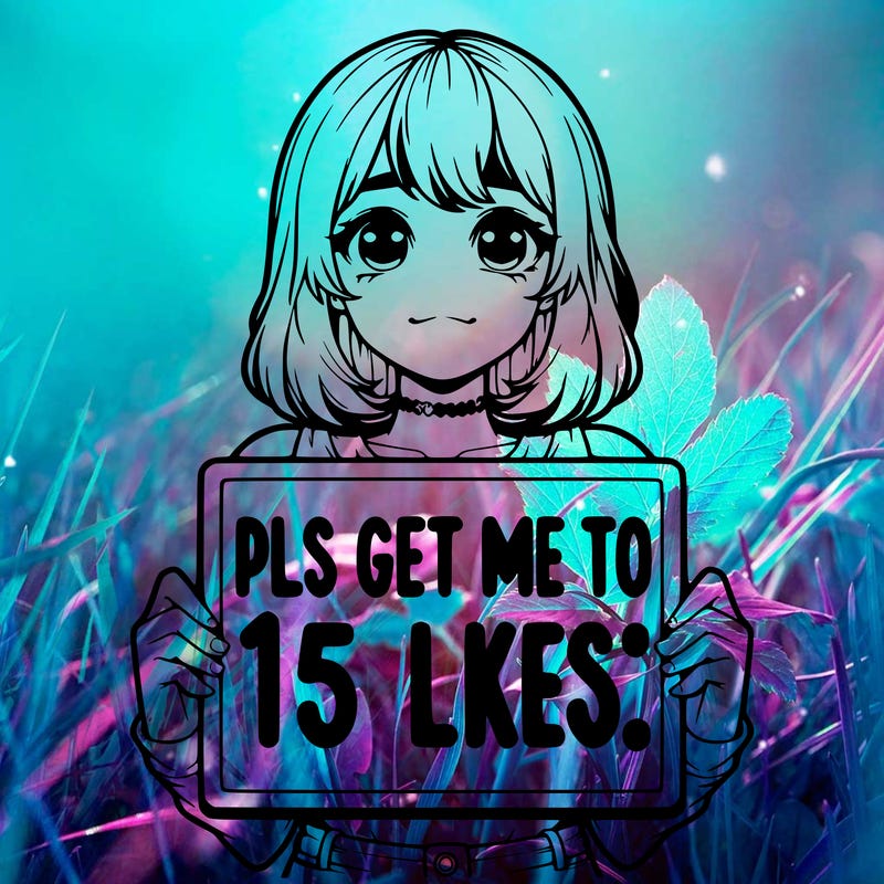 realistic girl holding up a sign that says “pls get me to 15 likes!”