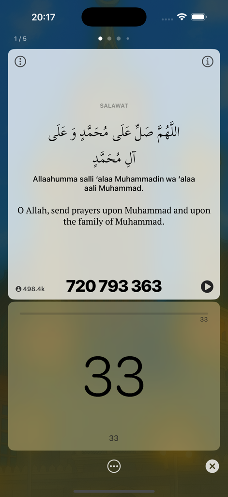 Sajda: Prayer times, Quran - Sajda app screen showing Salawat prayer with Arabic text and a digital dhikr counter