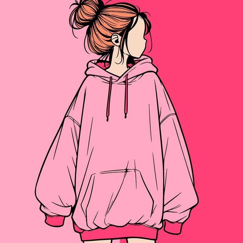 realistic girl with a oversized sweatshirt on and a bun