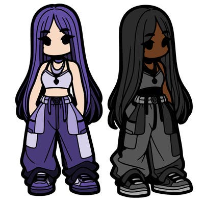 girl in baggy pants crop top and long hair