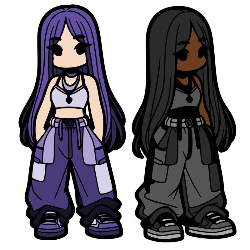 girl in baggy pants crop top and long hair