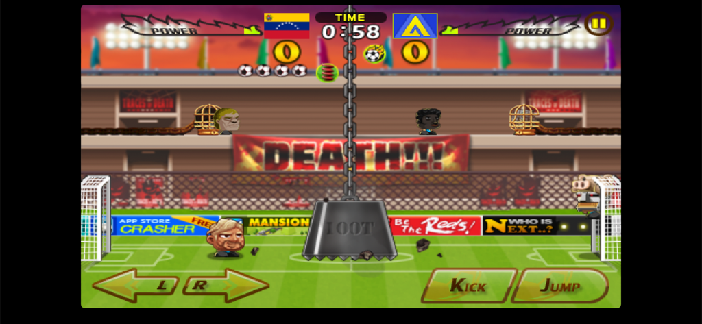 Head Soccer - Captura de tela de gameplay do Head Soccer mostrando o intenso Modo Morte com um peso massivo em campo.
