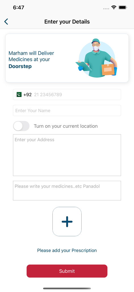 Medicine delivery details form in Marham app