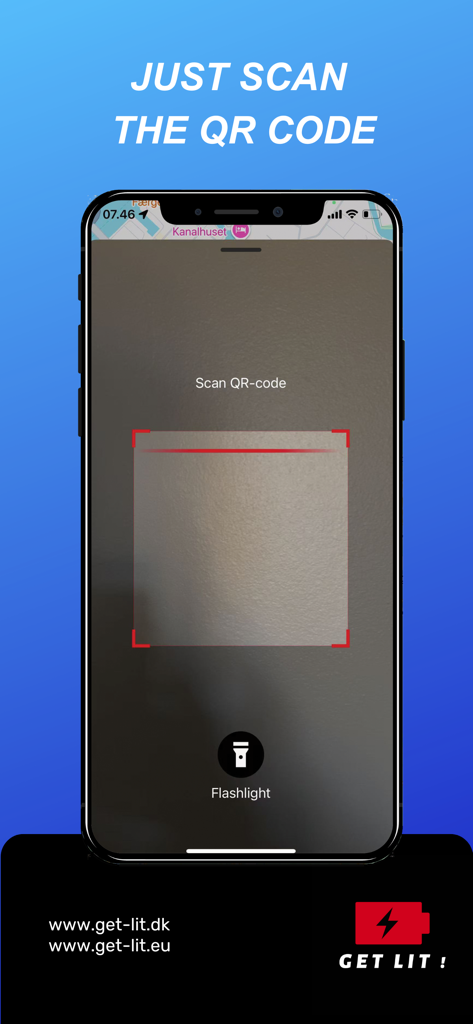 Get Lit - Get Lit app interface showing a QR code scanner for power bank rental