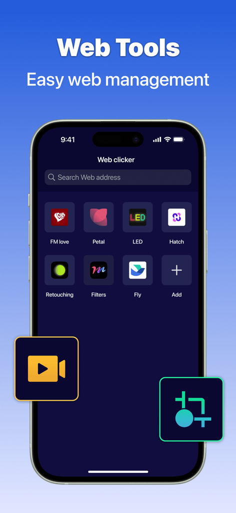 OP Auto Clicker: Automatic Tap - Ein Smartphone-Bildschirm, der die Web-Tools und die einfache Web-Management-Oberfläche der OP Auto Clicker-App zeigt.