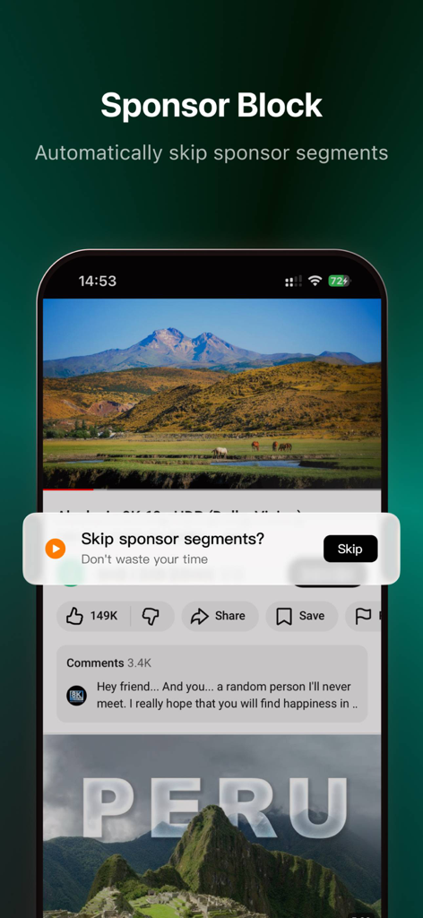 Tube PiP: PiP for Youtube - 動画スポンサーセグメントをスキップする通知が表示されたTube PiPアプリのスポンサーブロック機能を示すスマートフォンの画面