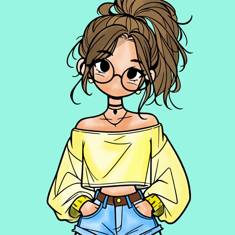 girl with a messy ponytail glasses a baggy crop top and jean shorts
