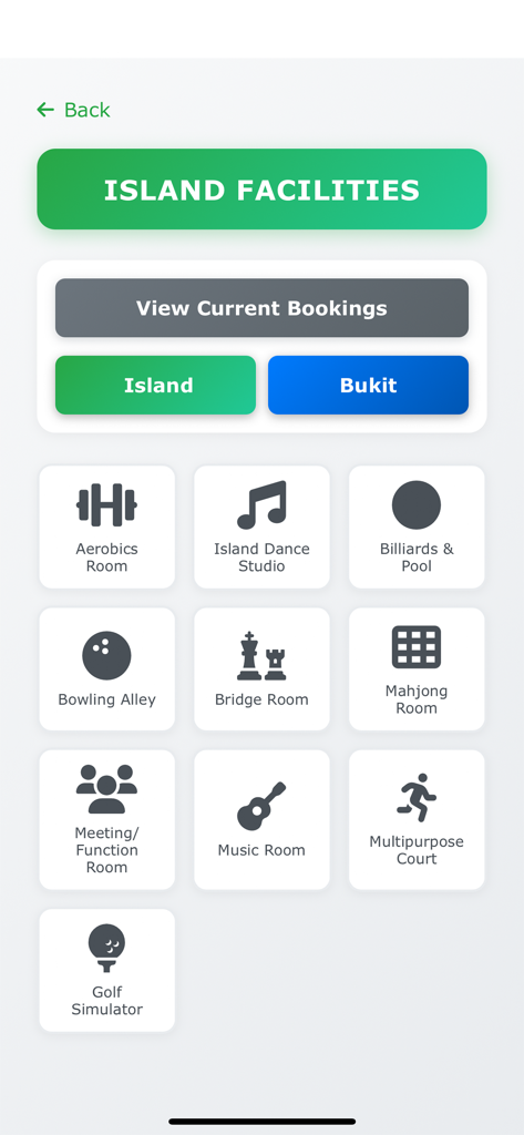 SICC - Interface of the SICC app showing various club facilities available for booking