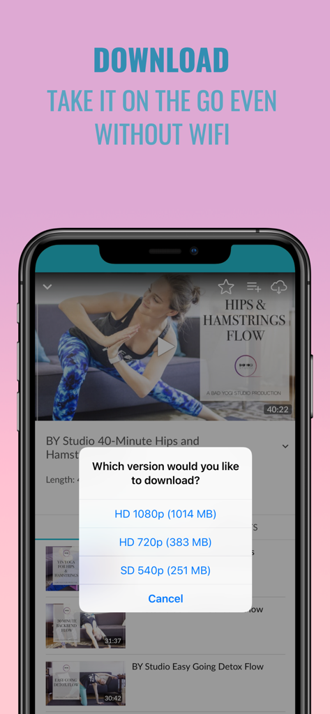 Bad Yogi Studio - Mobile interface of the Bad Yogi Studio app showing options to download yoga classes for offline viewing