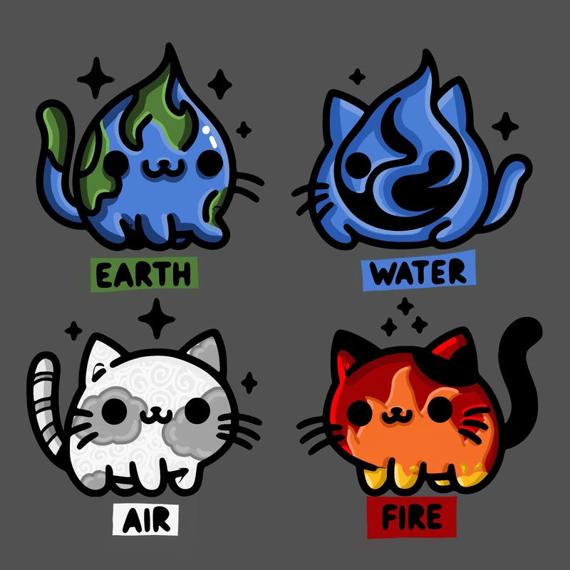 4 cats that represent the different elements, earth, water, air, and fire