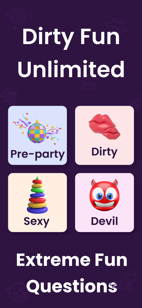 Never Have I Ever ~ Dirty Game - Interfaz de la app Never Have I Ever mostrando categorías de juego Pre-party Dirty Sexy y Devil