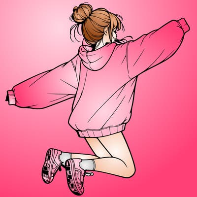 realistic girl jumping with a bun and oversized sweatshirt