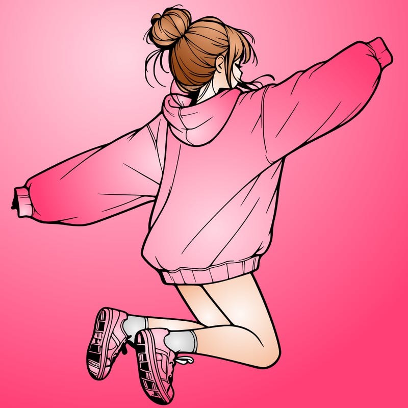 realistic girl jumping with a bun and oversized sweatshirt