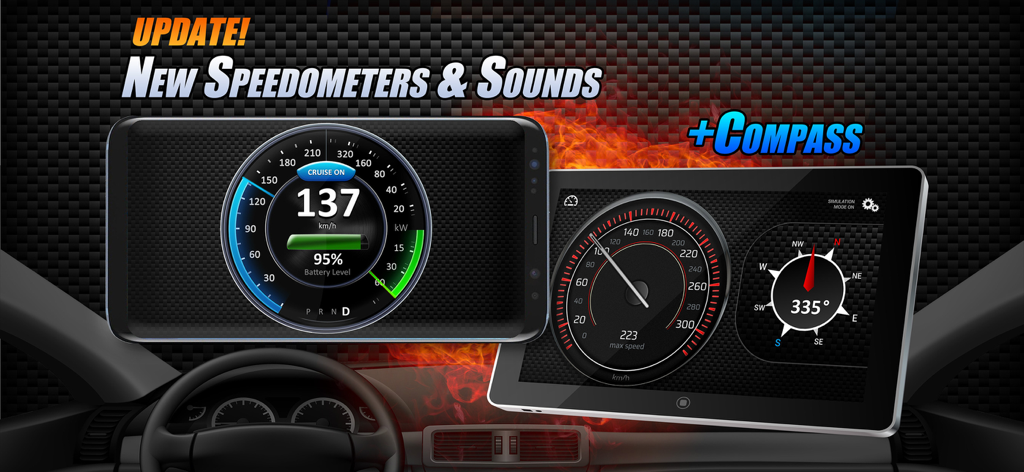 Speedometers & Sounds of Cars - 「車のスピードメーター＆エンジン音」アプリのモバイルデバイス用デジタルスピードメーターとコンパスのインターフェース。