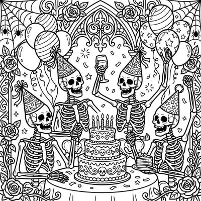 Get ready for a celebration like no other with our unique Gothic Skeletons Birthday Party coloring page. Join these spooky revelers as they enjoy cake, balloons, and festive fun in a wonderfully macabre setting.