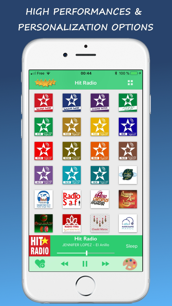 Iphone screen displaying a grid of various Moroccan radio station logos in the Radio Morocco app interface