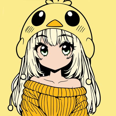 anime girl with chick shaped hat with sweater with bare shoulders with bangs covering them one eye with low tail