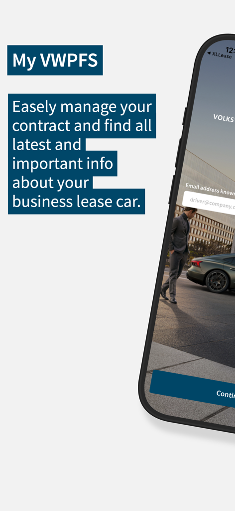My VWPFS App-Anmeldebildschirm für die Verwaltung von Geschäftsleasingverträgen