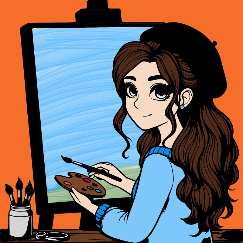 realistic girl artist painting a blank canvas