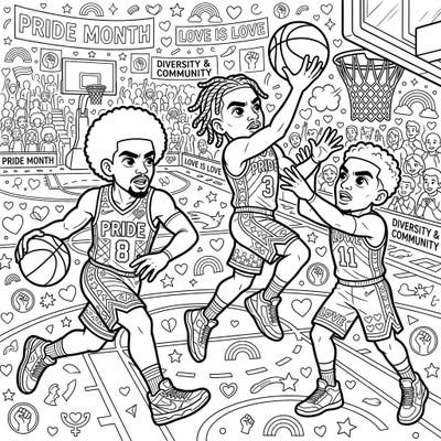 Get ready to celebrate Pride Month with this exciting coloring page featuring dynamic NBA point guards in action. Adorned with symbols of love and community, it's a perfect way to combine your passion for basketball and inclusivity.
