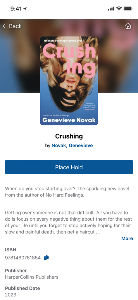 City of Ryde Libraries - Book details screen in the City of Ryde Libraries app featuring a Place Hold button