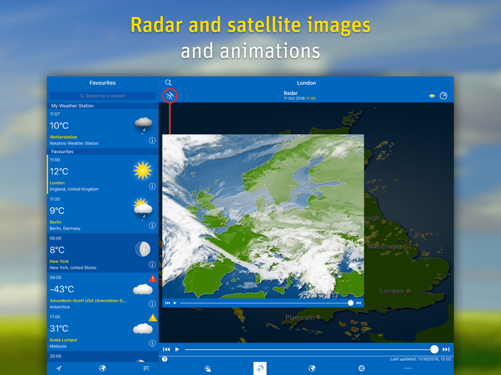 WeatherPro für iPad zeigt animierte Wetterradar- und Satellitenbilder über Europa an