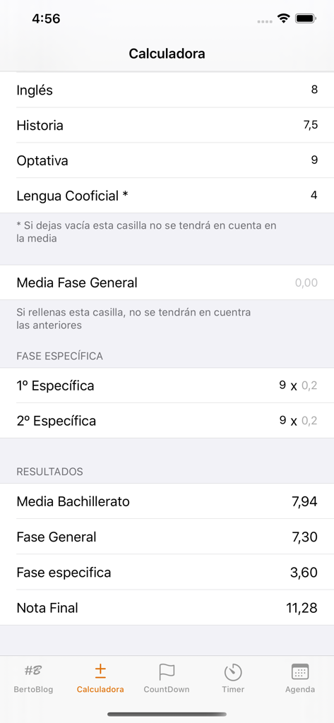#BertoBlog - A screenshot of the BertoBlog app grade calculator screen used for calculating Spanish university entrance exam scores