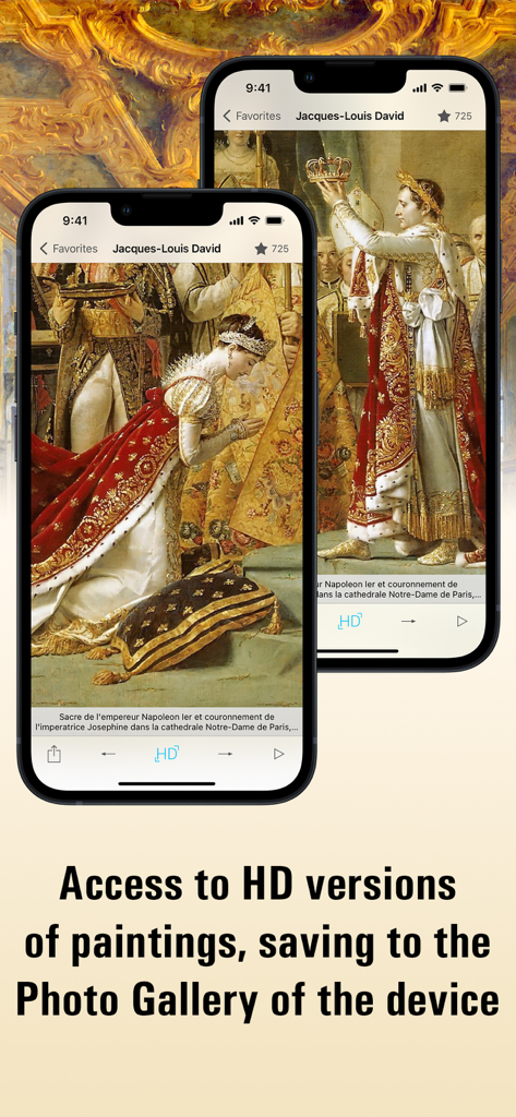 Louvre HD - Screenshot of the Louvre HD app on two iPhones displaying Jacques-Louis David's The Coronation of Napoleon painting with options to download HD versions.