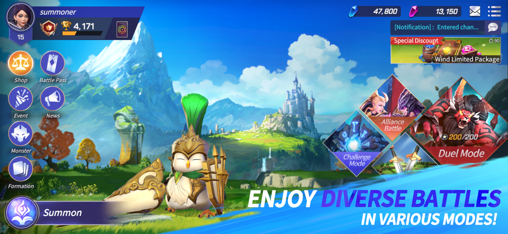 Summoners War: Lost Centuria - Interfaz del menú principal de Summoners War Lost Centuria que muestra varios modos de juego como Duelo y Batalla de Alianza