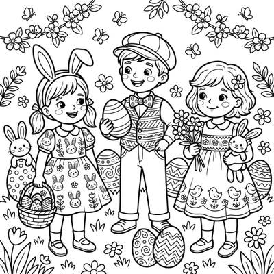 Bring this adorable Easter scene to life! This coloring page features three cheerful children dressed in their festive best, surrounded by cute bunnies, decorated eggs, and blooming spring flowers, ready for a joyful coloring session.
