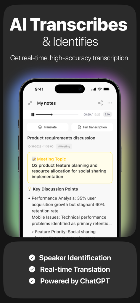 Recco: AI Note Taker - Recco AI Note Taker app interface displaying real time transcription and meeting notes summary