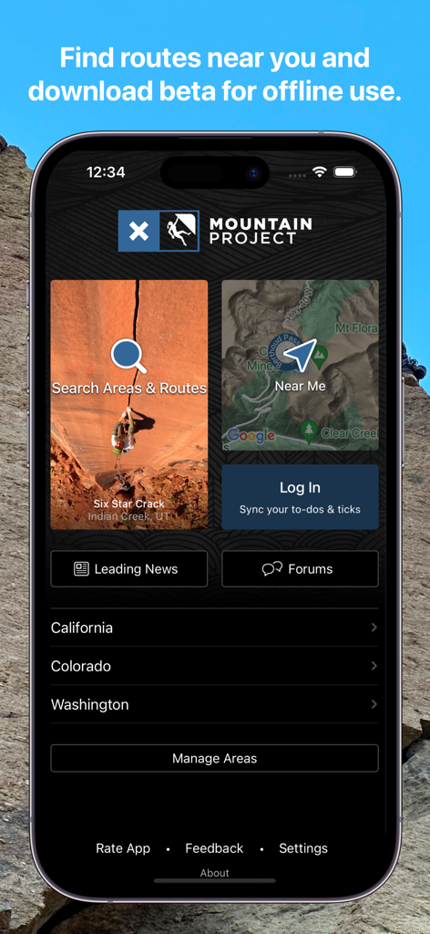 Mountain Project app home screen displaying options to search climbing routes and download area data for offline use