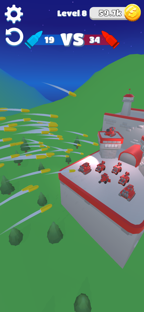 A massive volley of projectiles attacking red enemy tanks on a fortress in Merge Tanks Army Clash