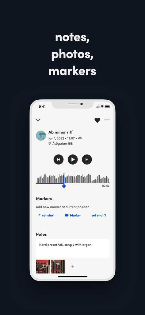 Tape It app screen showing an audio recording with integrated markers, text notes, and reference photos for musicians.