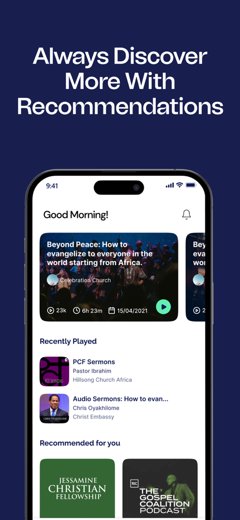 Pantalla de inicio de la aplicación móvil Getsermons mostrando recomendaciones personalizadas de sermones