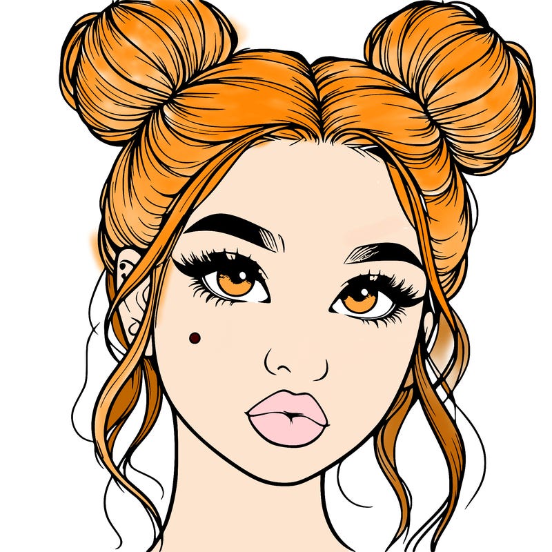 realistic girl with two buns on her hair and lips