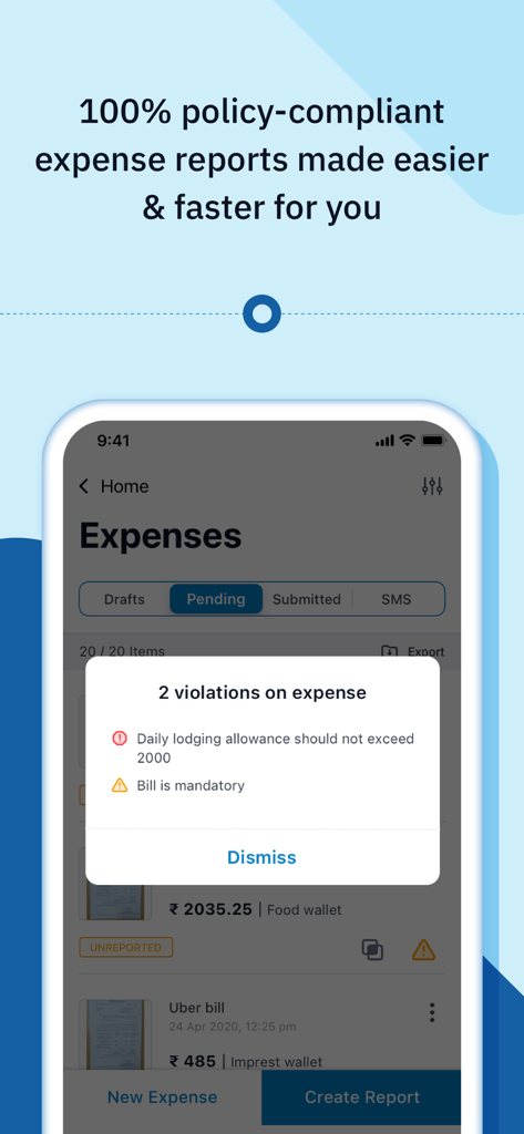Happay Expense - Mobile app screen showing a policy violation notification for business expenses highlighting lodging allowance and missing bills.