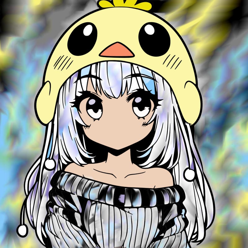 anime girl with chick shaped hat with sweater with bare shoulders with bangs covering them one eye with low tail